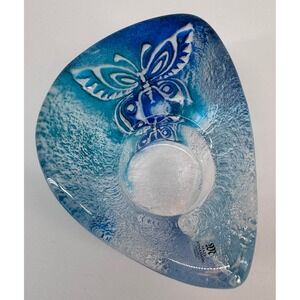 Mats Jonasson Maleras Crystal Butterfly Votive Blue Swirl Art Glass Sweden